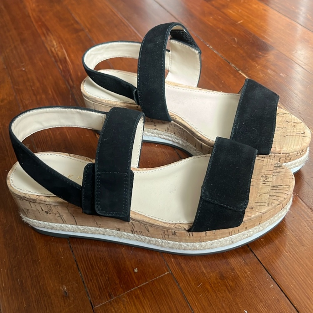 BRAND NEW black suede sandals with cork bottoms